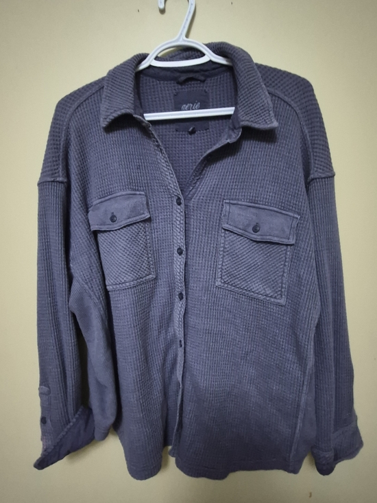 aerie Tops - aerie Relaxed Waffle Button-Down Shirt in Slate Gray